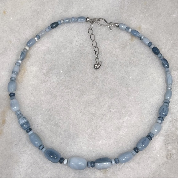 Sterling Silver Blue Opal Bead Necklace and Dangle Earrings Ensemble - Picture 6 of 16